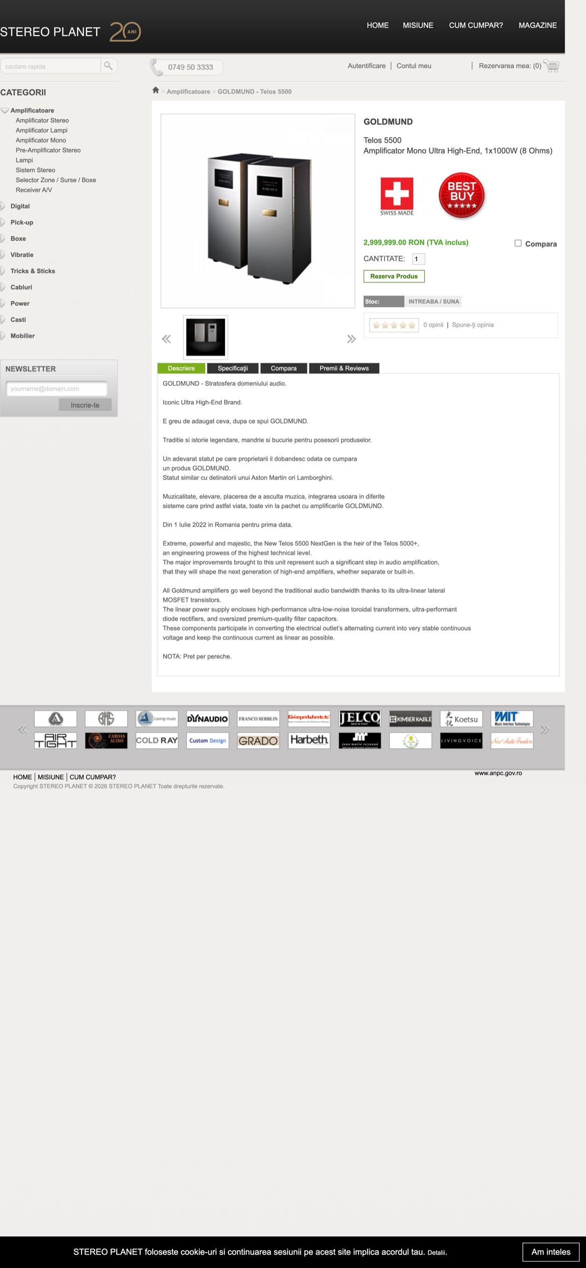 stereoplanet.ro Goldmund Telos 5500 page as captured at 390px on 24 September 2026